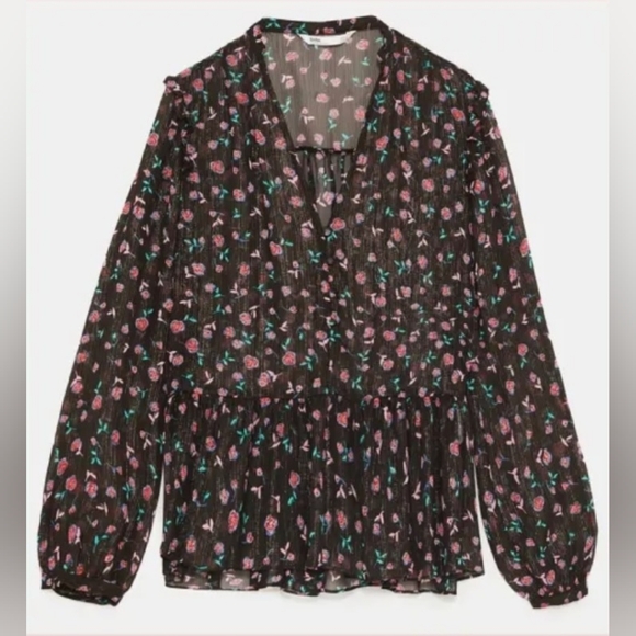 NWOT! Sheer Metallic Women's Zara Spring Peplum Floral Boho Blouse Medium - Picture 14 of 15